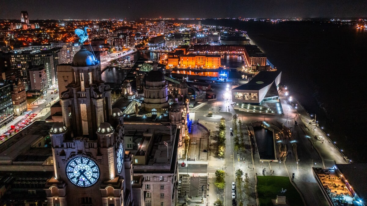 The skyline of Liverpool at night lit-up for River of Light