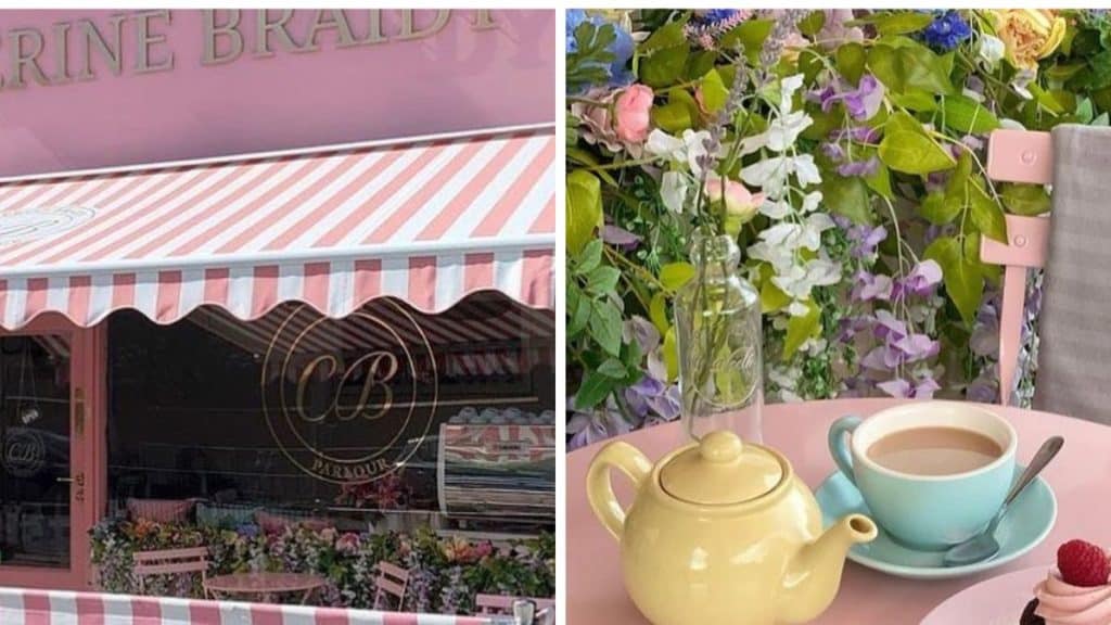 The baby pink facade of Catherine braidy cafe in Liverpool alongside a photo of a pink tables with a yellow teapot and some cake.