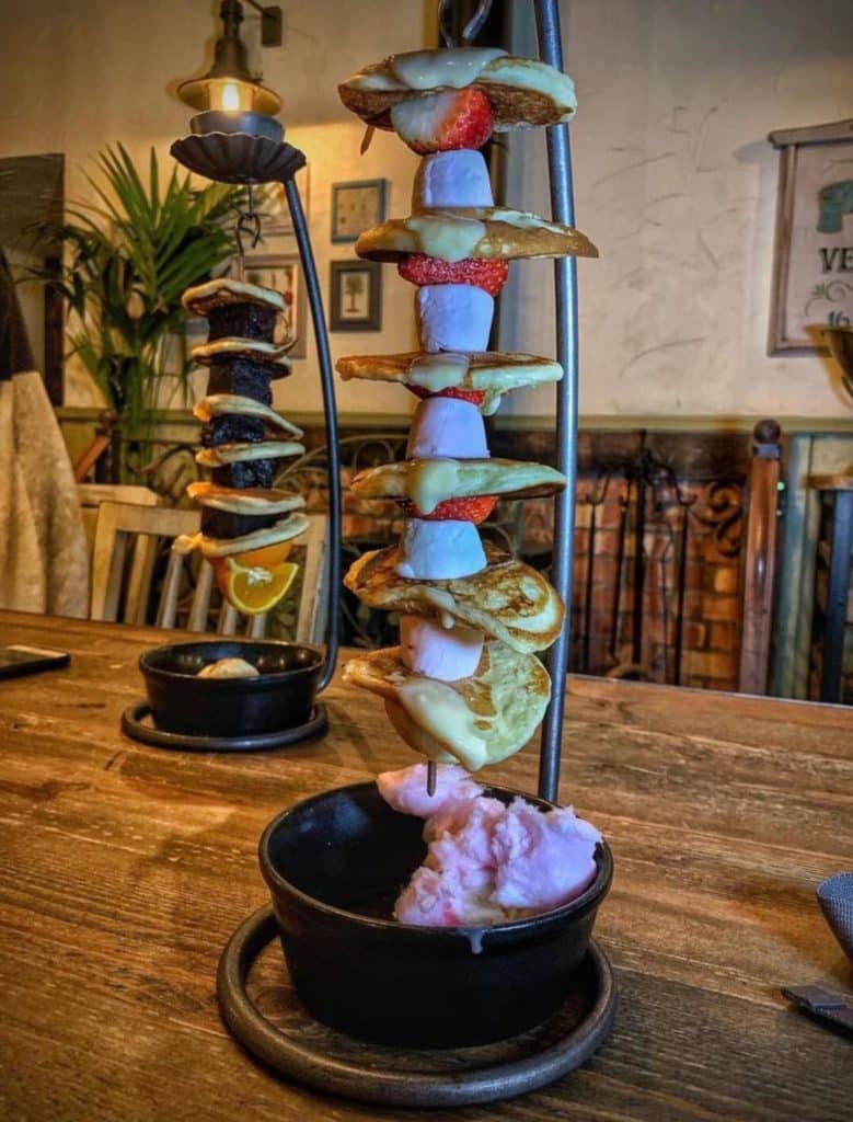 Pancakes and marshmallows on a Skewer at The Botanist and The Florist in Liverpool.
