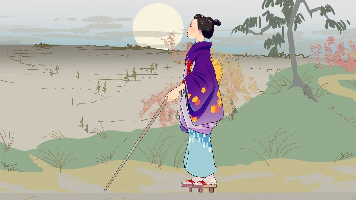 A woman dressed in traditional Japanese garb walks with the help of a probing cane. 