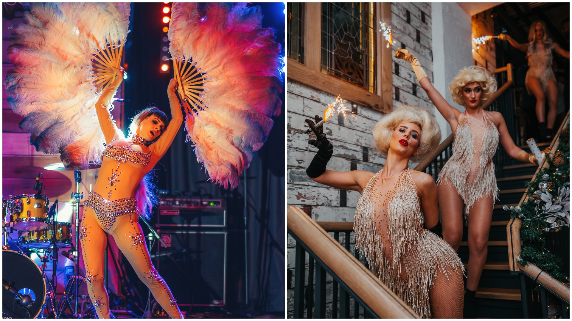 Three performers, one with a bright pink feathered fan and two dressed like Marylin Monroe at Albert Schloss.