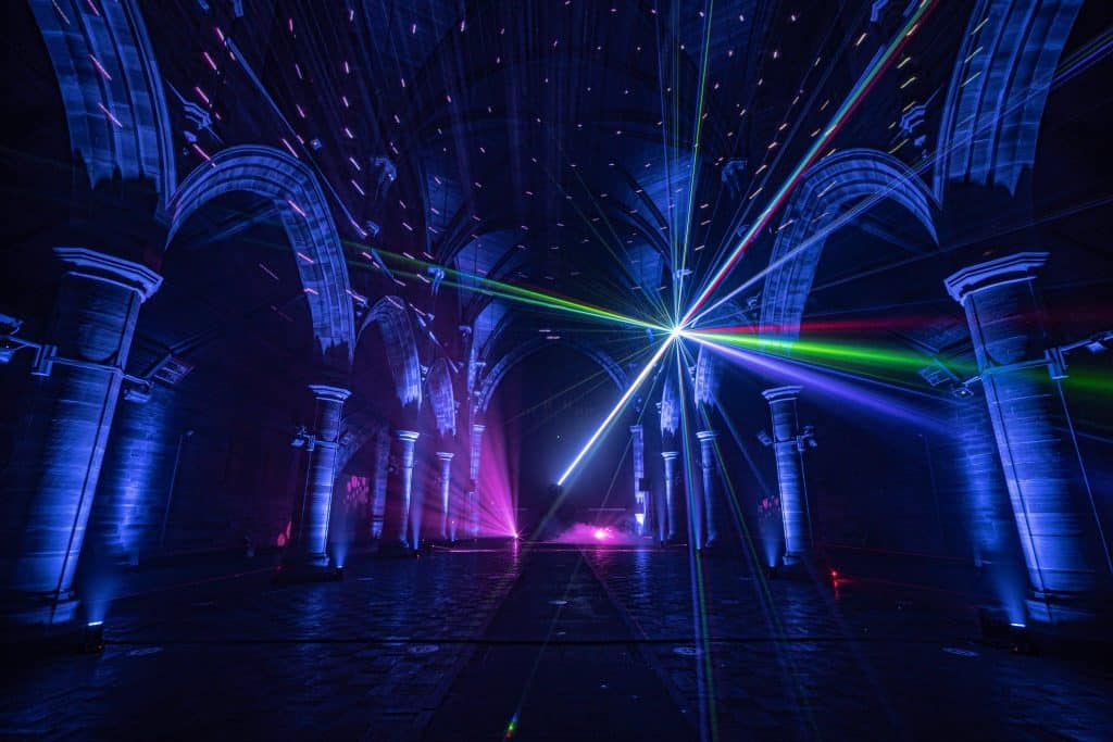 Old Christ Church in Liverpool, illuminated by the Black Hole Laser Show.