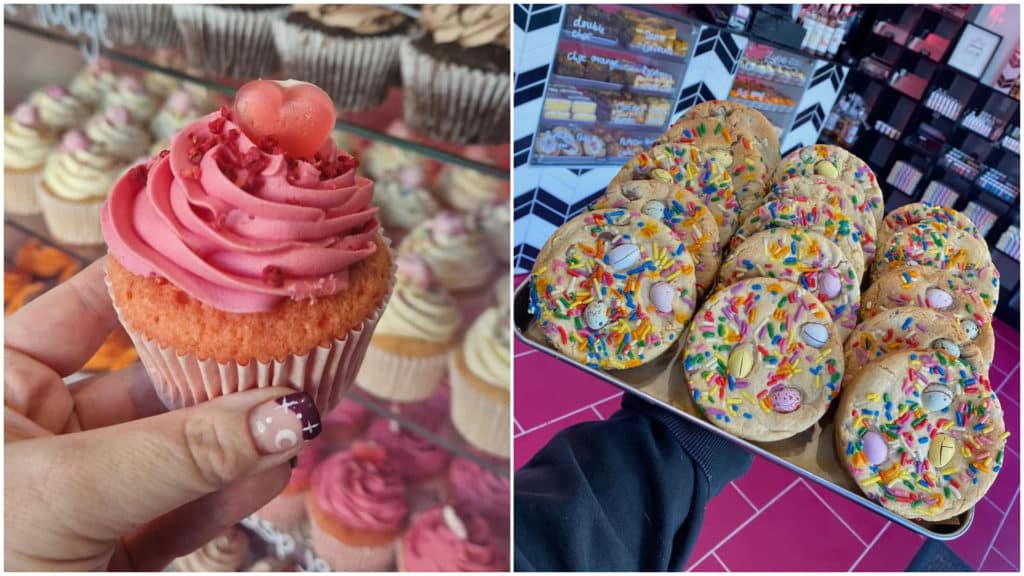 Two photographs; on the left a person holds a cupcake with pink icing and on the right a tray of cookies at Finch Bakery.