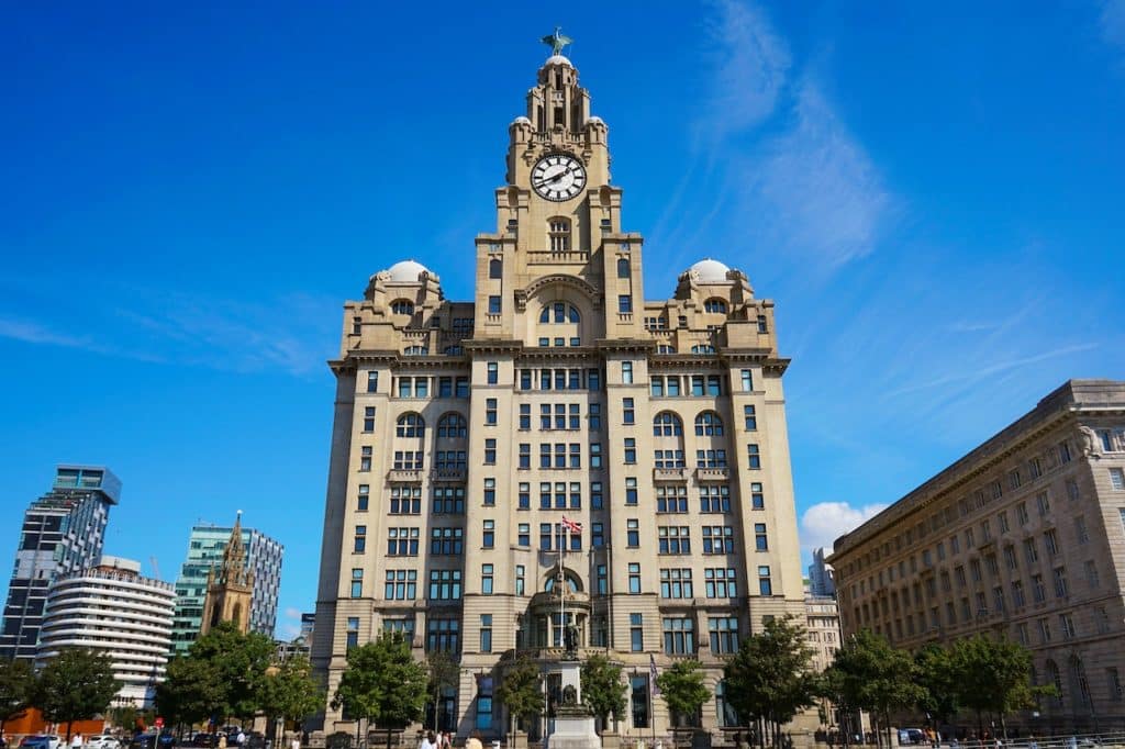 A view from the street of Liverpool's Royal Liver Building.