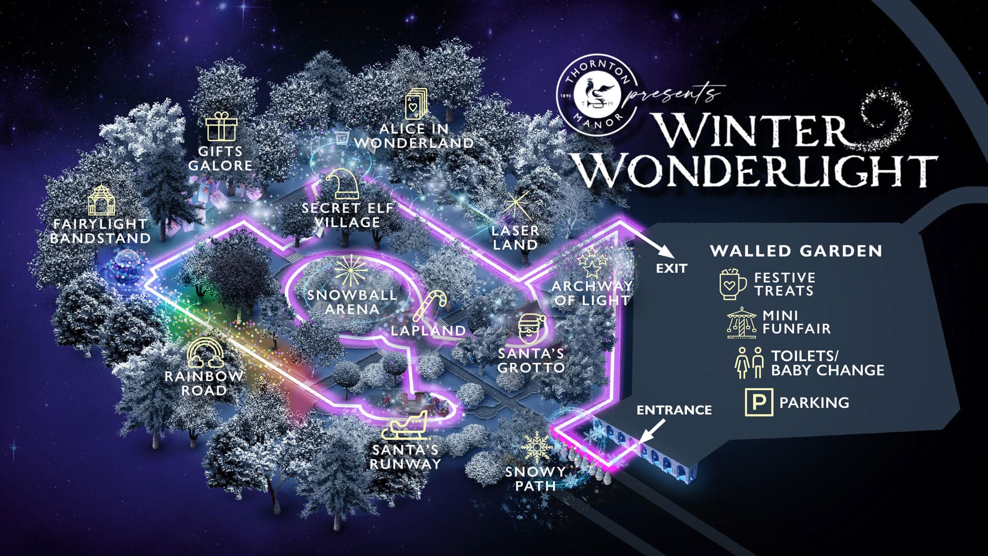 A poster for the Winter Wonderlight trail at Thornton Manor.
