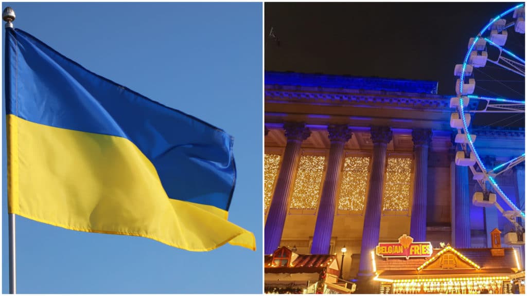 Liverpool's Christmas lights next to the Ukrainian flag.