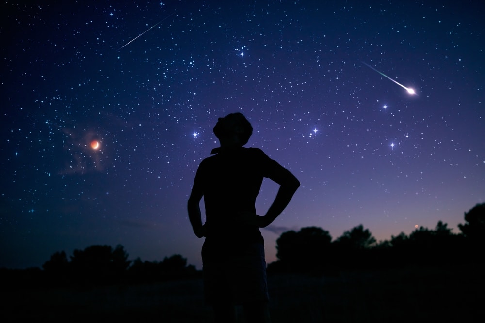 The silhouette of a person gazes up at a meteor shower.