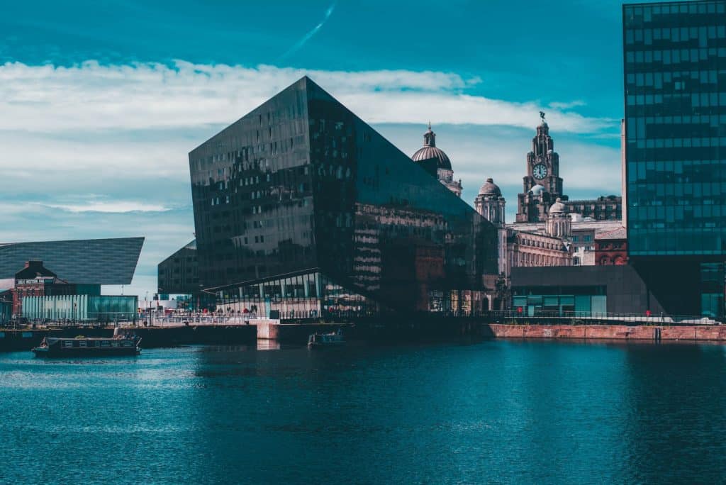 A view of Liverpool's iconic skyline from across the River Mersey.