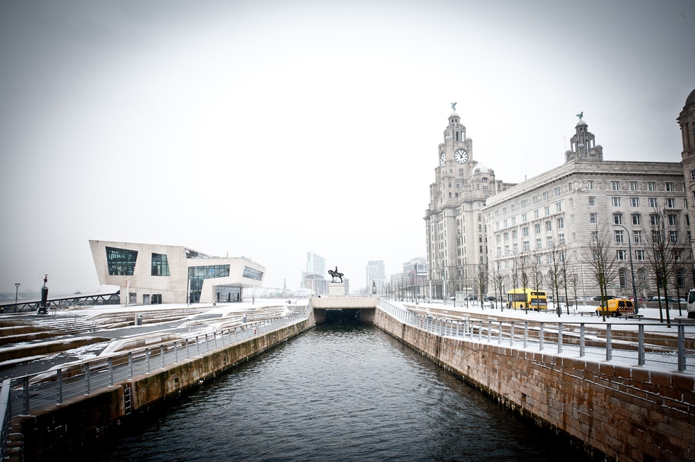 Liverpool docks, covered in a light dusting of snow.
