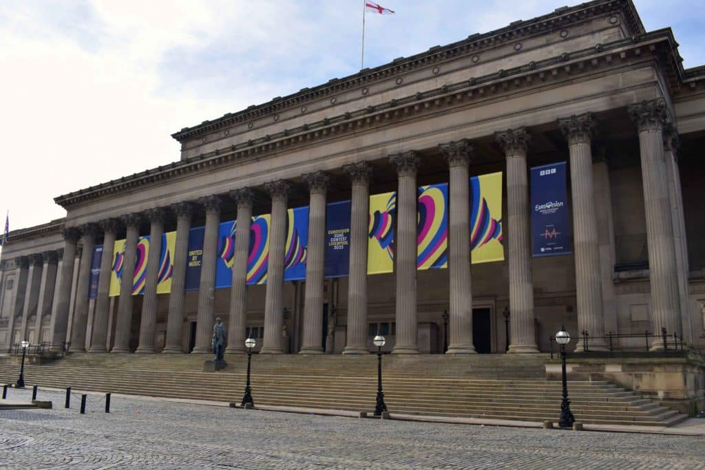St George's Hall In Liverpool with a banner that reads Eurovison 2023.