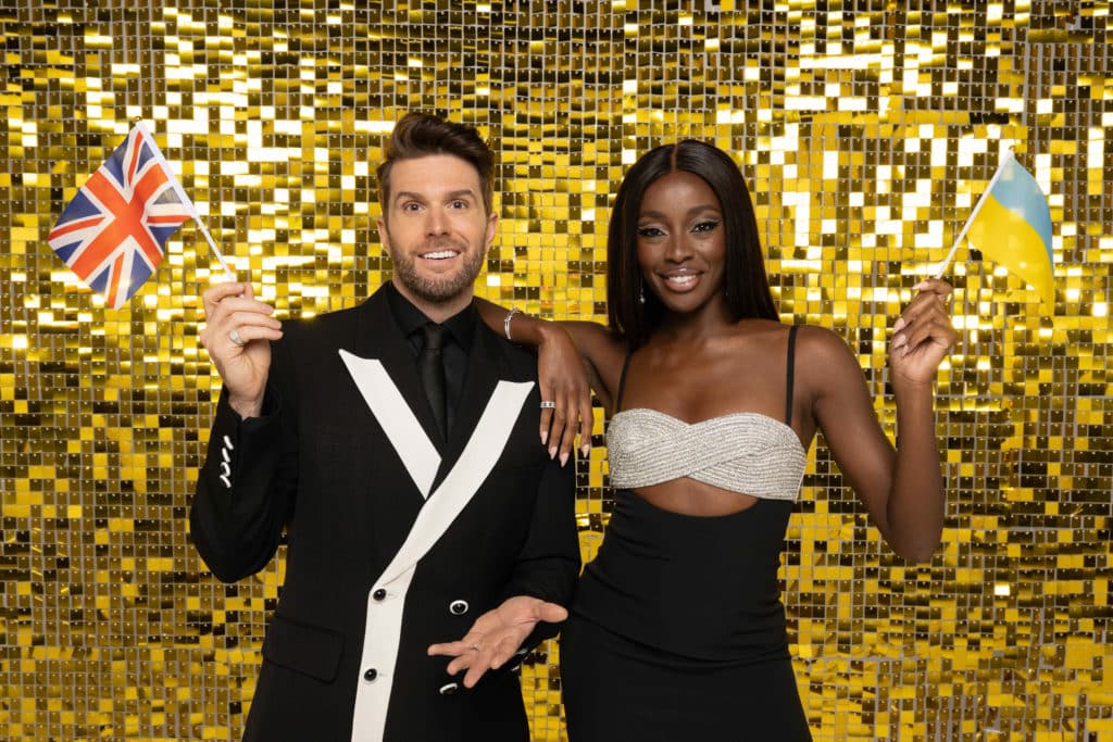 Joel Dommett and AJ Odudu with a golden background.