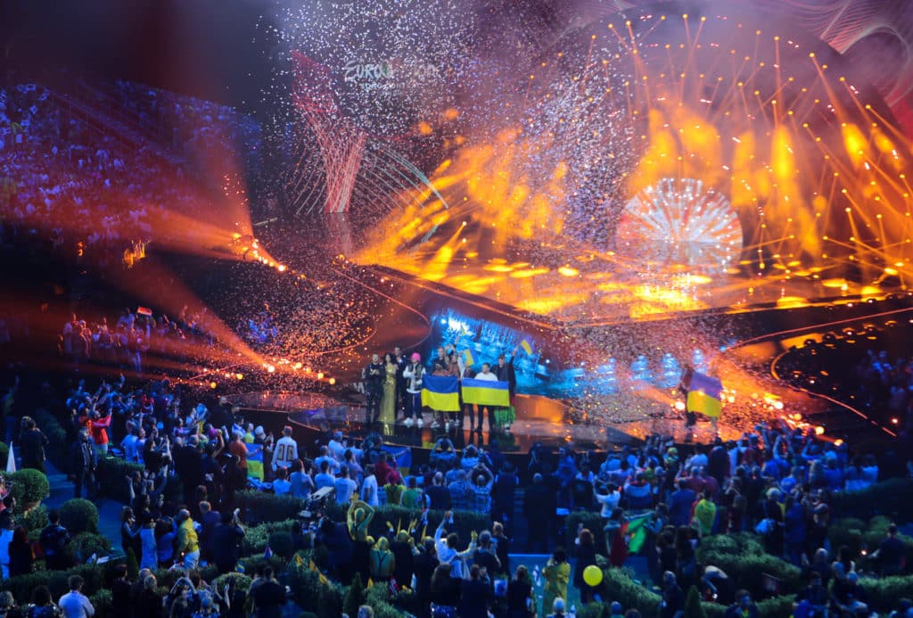 The Ukranina Kalush Orchestra celebrate their win at Eurovision 2022.