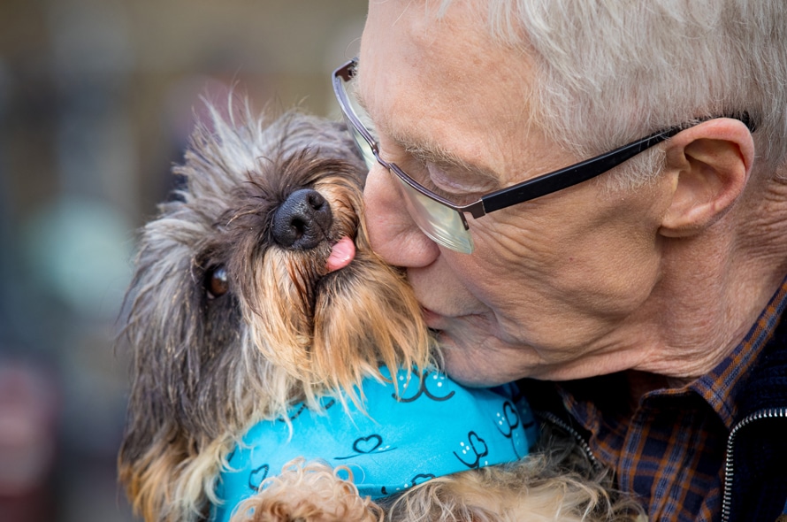Paul O'Grady kisses a dog at Battersea Dogs and Cats Home. 