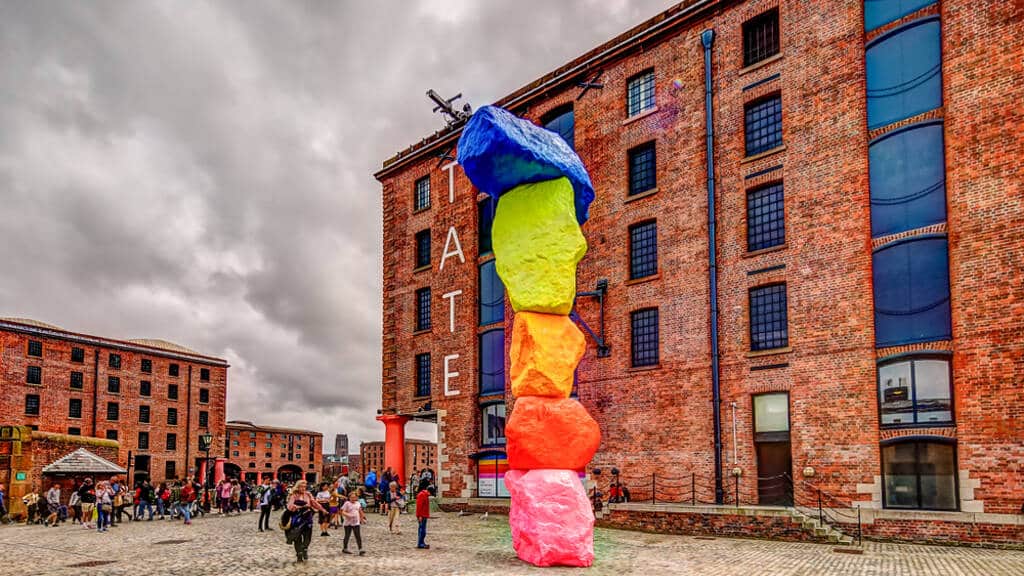 The edifice of Tate Liverpool with its iconic, colourful sculpture.