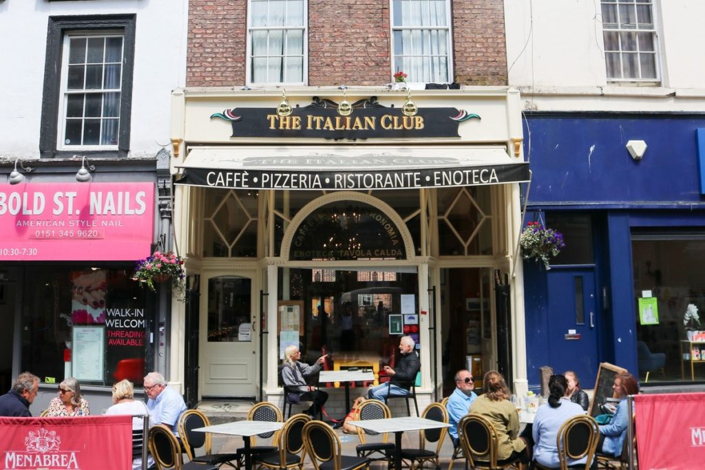 Outdoor patio and exterior to The Italian Club in Liverpool